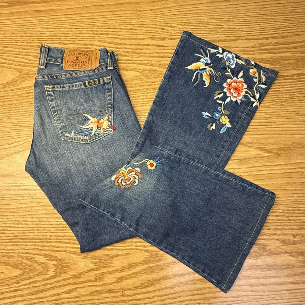Lucky Brand Blue Denim Flare Jeans with Floral Embroidery